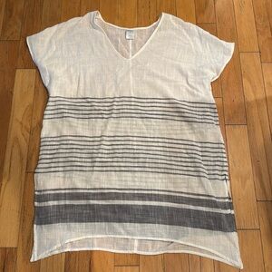 Kona Sol | Gauzy Cover Up | White/Blue | size L | Stripes | V-Neck